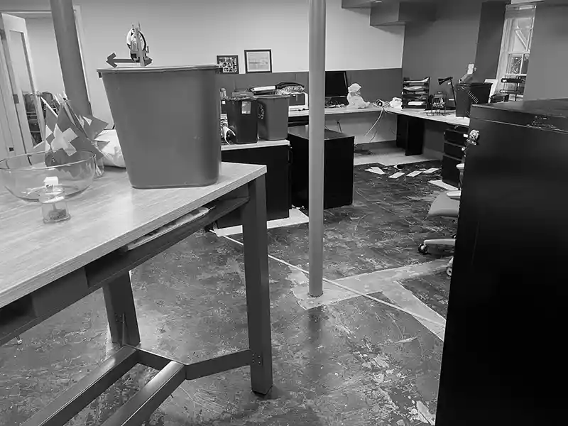 work space with flood damage