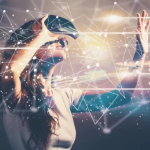 Woman wearing VR Headset and reaching for the stars